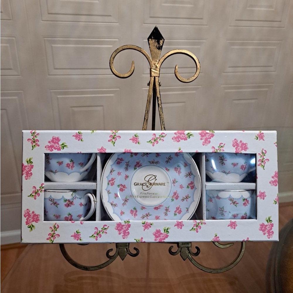 Brand New Beautiful Grace Pantry Floral Espresso Cup And Saucer Set Of 8 Pcs.